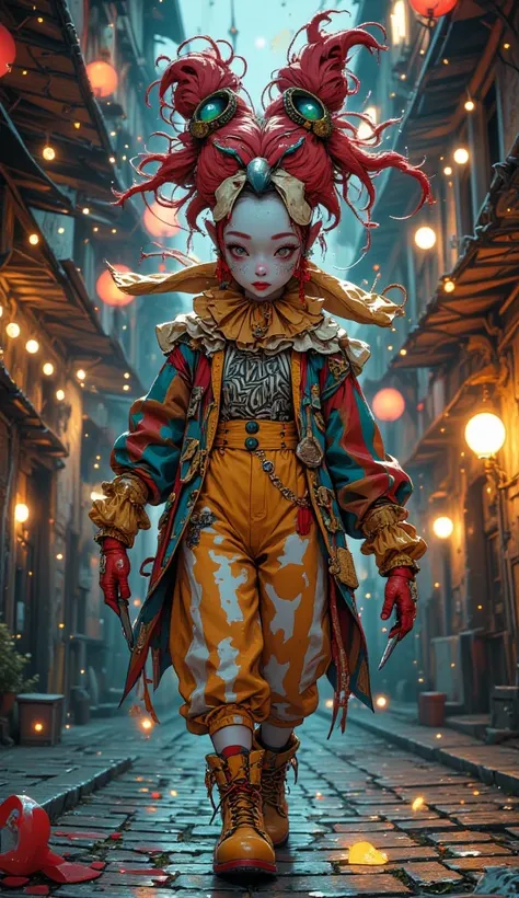 Tim Burton Style、circus clown girl、punk、circus clown Costumes、dynamic composition、Lively decorations、Anime style、Master knife-throwing master、