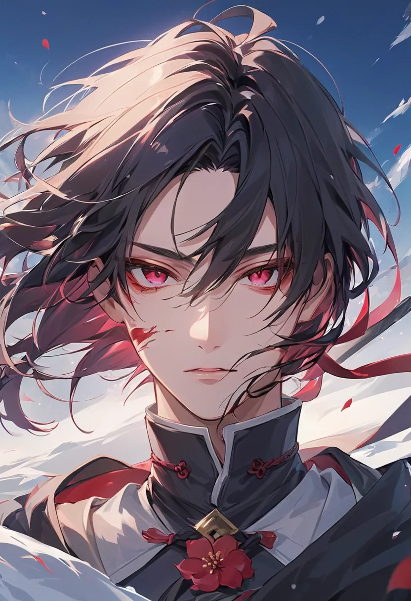 "A hyper-detailed, ultra-high-definition anime-style illustration of a male character in a dramatic close-up shot, with a strong emphasis on his face and eyes. His long black hair is tied in a low ponytail with a red ribbon, with silky strands flowing natu...