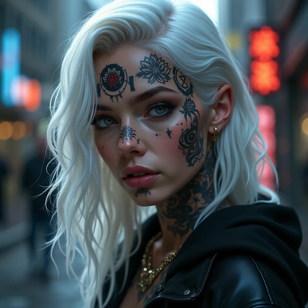  city girl white hair tattoois in face