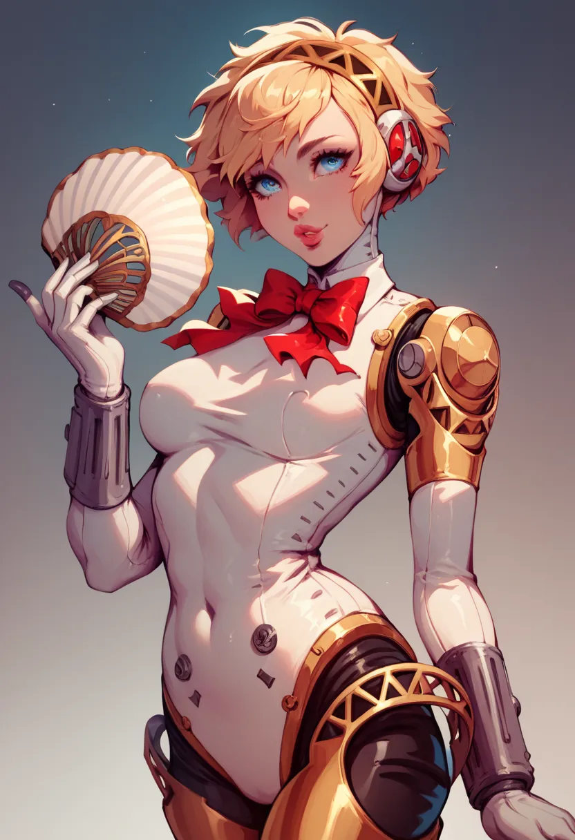 NSFW, a cute robot girl with short blond hair and blue eyes, skintight wight bodysuit, gold accents, Persona 3 fan art, blank expression, small pink lips, slim waist