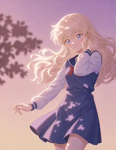 A girl that is a sixth grade primary school student. She has long wavy Blond hair with shiny light blue eyes with blue dress uniform. She is happy, energic. Kind. Inuyasha art style. 