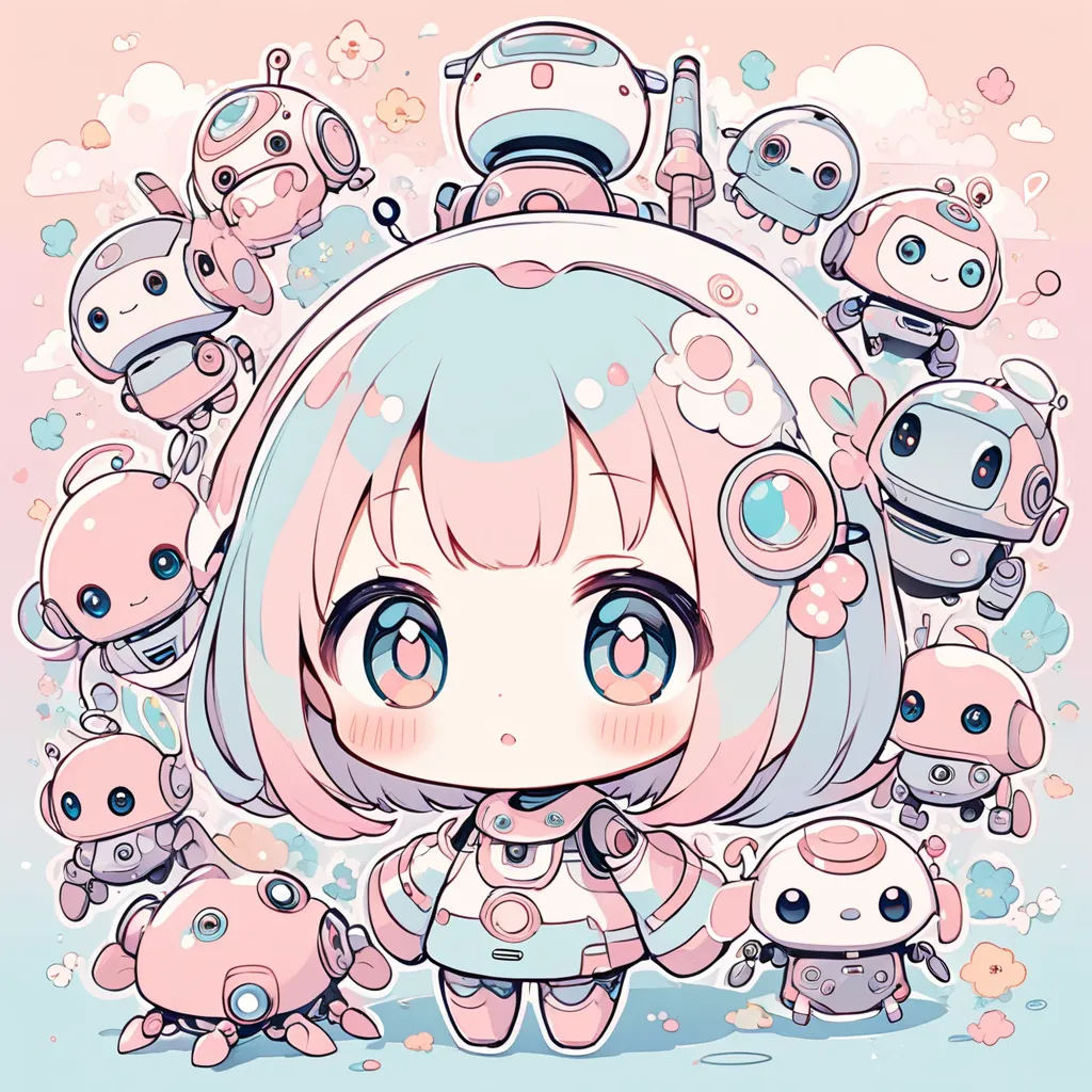 “A cute chibi robot with big shiny eyes, pastel color palette, surrounded by small floating robot friends, soft anime style, delicate line art, warm blush, whimsical background.”