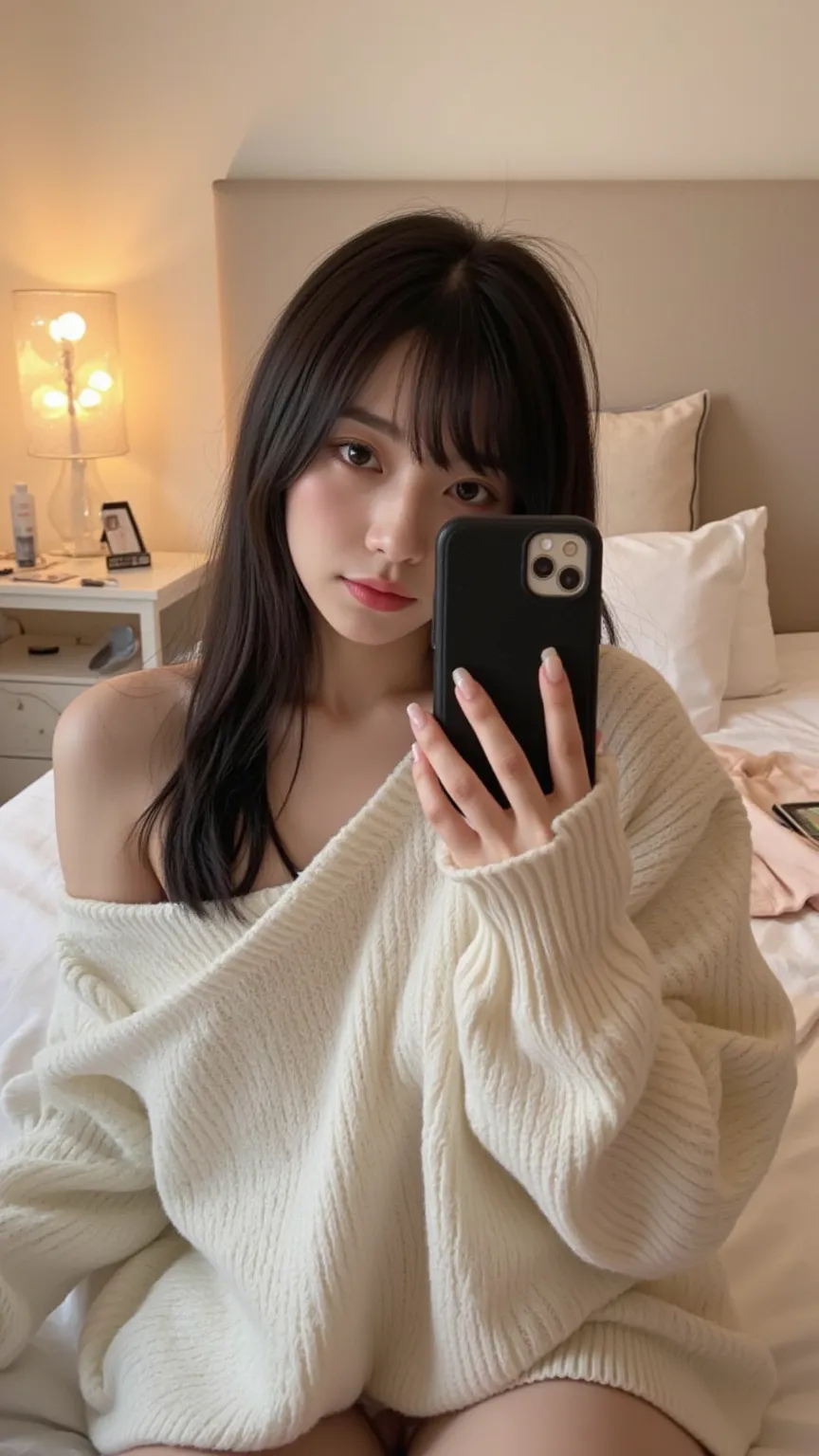 A young beautiful Korean woman taking a mirror selfie in a modern, well-lit bedroom. She has long, silky black hair with soft bangs, flawless glass skin, and full lips enhanced with subtle makeup. She is wearing a stylish oversized sweater that drapes slig...