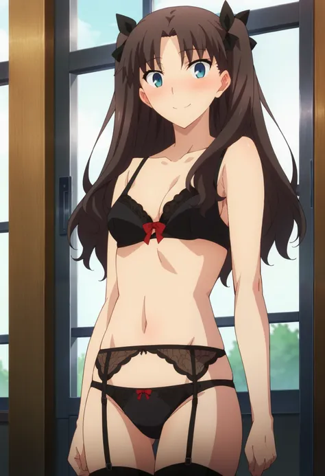 TohaSakarin , (cowboy shot), Alone,  1girl , brown hair, two side up , parted bangs, blue eyes, hair ribbon, small breasts, cleavage, lingerie, black bra, black panties, garter belt, black thighhighs, (shy:1.1), (blush), (smile), (I'm fascinated:1.1), scor...