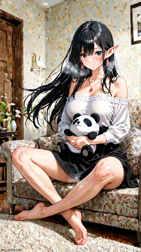 masterpiece, best quality、Ultra High Definition、dramatic、throw,living room、sofa、is sitting、hugging a stuffed panda、The most attractive ever、super beautiful、Beautiful breasts、 black hair、very long hair、straight hair、shiny hair,floating hair、adult woman、Elf、...