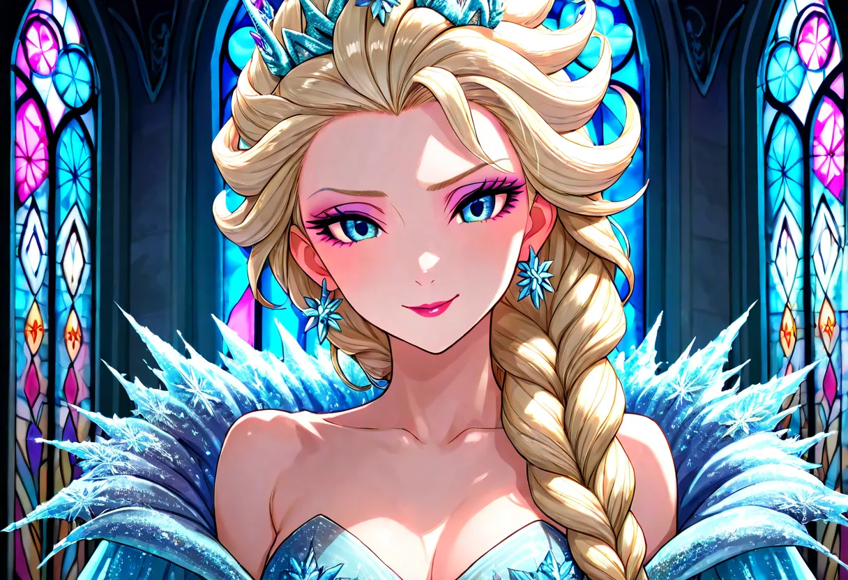 青いドレスを着た女性のStained Glassの窓のクローズアップ, portrait of Elsa of arendelle, beautiful Elsa, Elsa from frozen, Queen of Ice and Storm, Elsa frozen, portrait of Elsa from frozen, エマ・ワトソンがIce Queenとして, Stained Glassアート, the Ice Queen, Ice Queen, Elsa, Stained Glass, S...