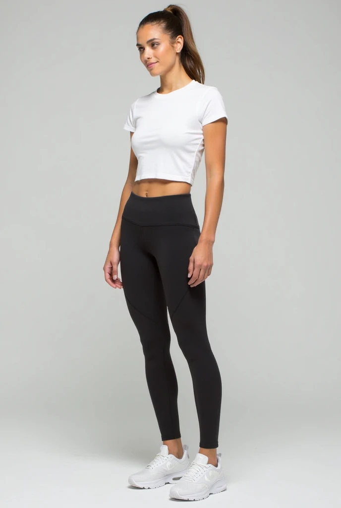 Do it with white cropped dryfit fabric shirt and black leggings with white Nike sports sneakers 