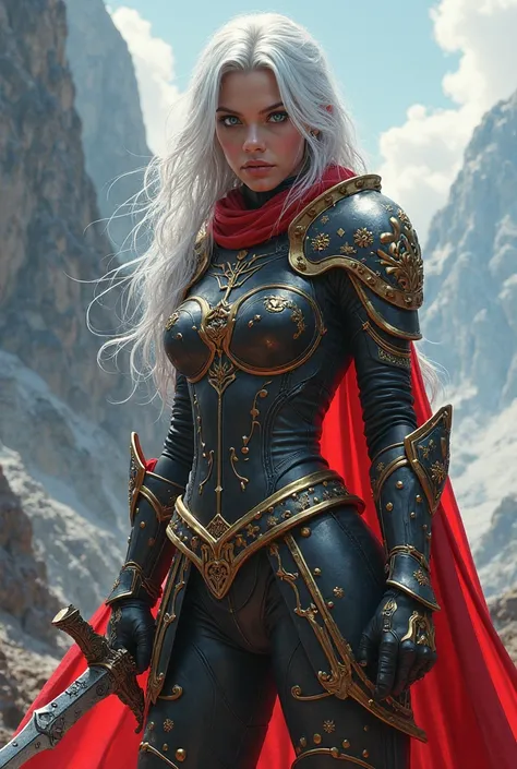 Une femme guerrière heroic fantasy aux longs cheveux blancs aux yeux bleus à l'armure noire or et rouge fluorescente tenant une épée ciselée 