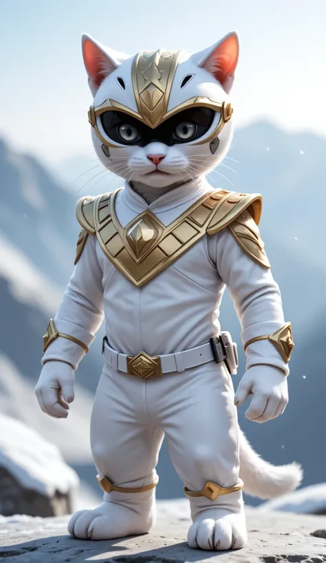 A heroic kitten dressed as the White Mighty Morphin Power Ranger. The suit is pristine white with gold diamond-shaped patterns on the chest and arms, inspired by the classic MMPR design. The helmet features a black visor with a golden lightning bolt, cat-l...