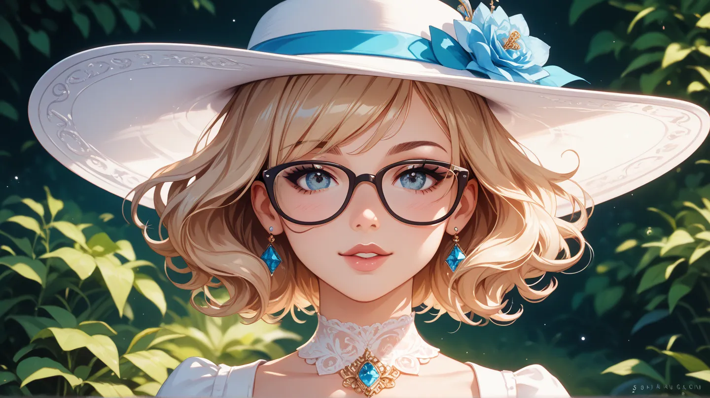 The image of the rich　A slender woman with clear eyes and nose　 wearing glasses 　1 person is holding a dog　women wearing white hats　I'm putting one hand on my head 　The background is white