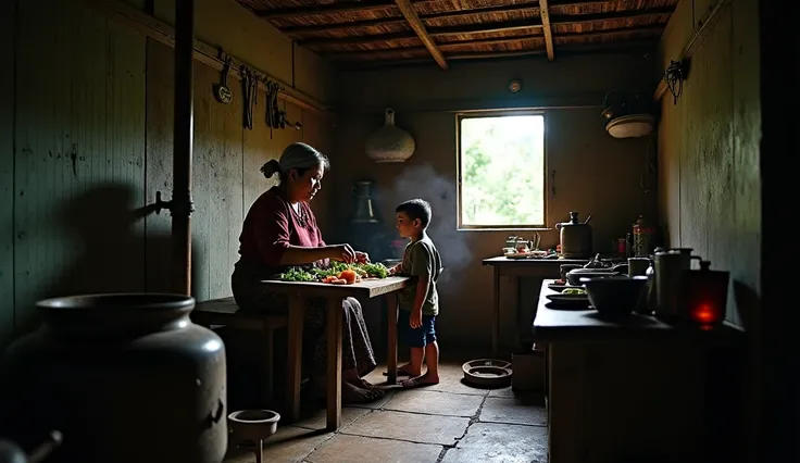 "A medium shot, eye-level angle of a humble wooden house in a small rural village, its aged walls and thatched roof showing signs of wear. Inside the dimly lit kitchen, a middle-aged woman, Bu Siti, wearing a simple, slightly worn-out kebaya and sarong, is...