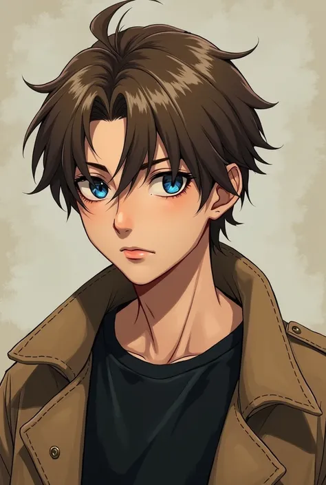 anime style, a serious and tired MAN around 20 yo, medium lenght brown hair but blonde bangs, royal blue eyes, wearing a black shirt and a brown coat 