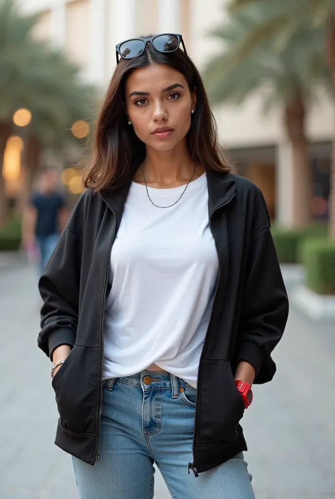 *"A beautiful 40-year-old arabic woman with a solid curvy and big breasts((white skins)). She has straight, shoulder-length hair that is neatly styled. Her style of dress is sporty casual(white thight reebok t-shirts, zipper black tight sweeter and straigh...