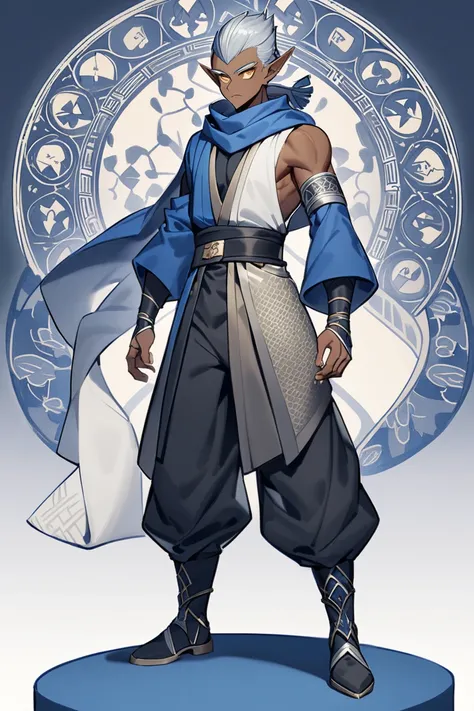 dark skin slim build elf guy. silver mowhawk, gold eyes. fully covered in a monk and ninja styled outfit. including a scarf, boots, and hooded cape. baggy long sleeves and pants. use mostly blue tones. belt and wraps to hold his sheathe. intricate design o...