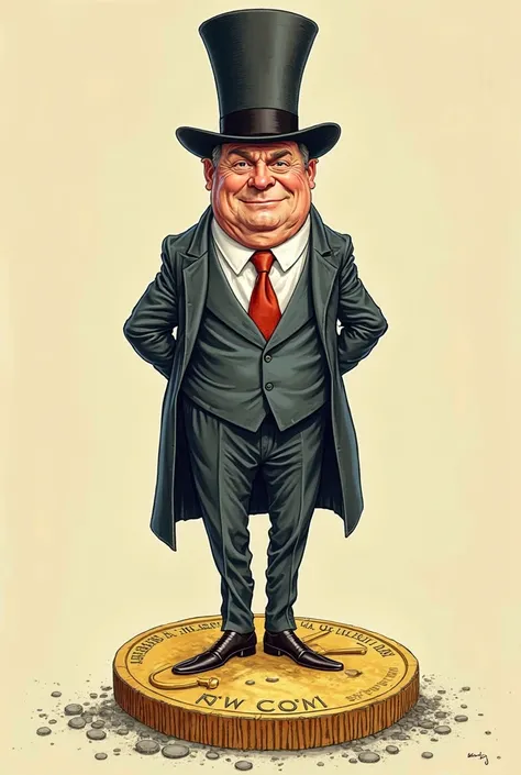 cartoon of a man in top hat and suit standing on a coin, commercial illustration, editorial illustration, mad magazine illustration, frank hampson and mcbess, mcbess illustration, by Hugh Hughes, humorous illustration, funny illustration, very humorous ill...