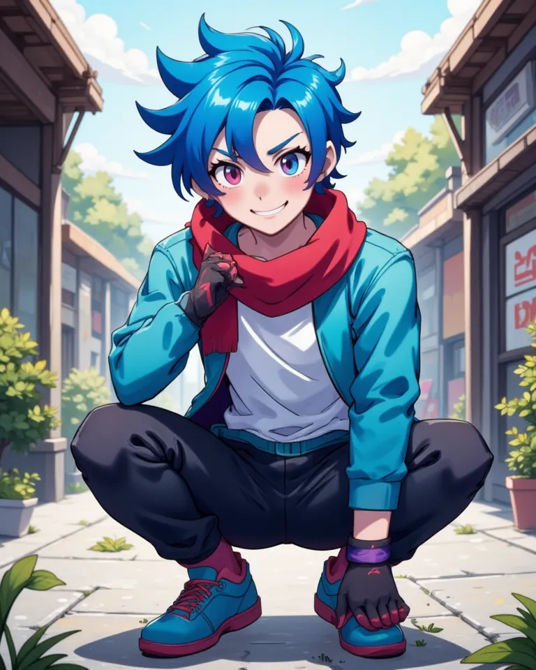  Young adult male, white skin, Cobalt blue hair up with aquamarine down, Hair in front of the ears,  smile,  animated,  ANIMATED STYLE , right eye light blue,  left eye red , crimson red ninja scarf, light blue jacket, white t-shirt, loose black sweatpants...