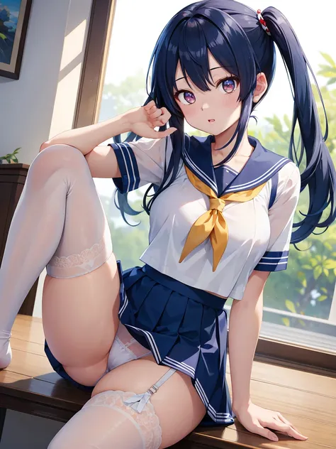 One Woman、((Highest quality)), (Hi-Res), ((very detailed))、(masterpiece)、((One mature Tensura-style beauty))、I'm wearing a sailor suit, a transparent bra, and cute panties、(I'm wearing knee-high stockings)、(She is doing a sexy pose with her crotch spread)、...