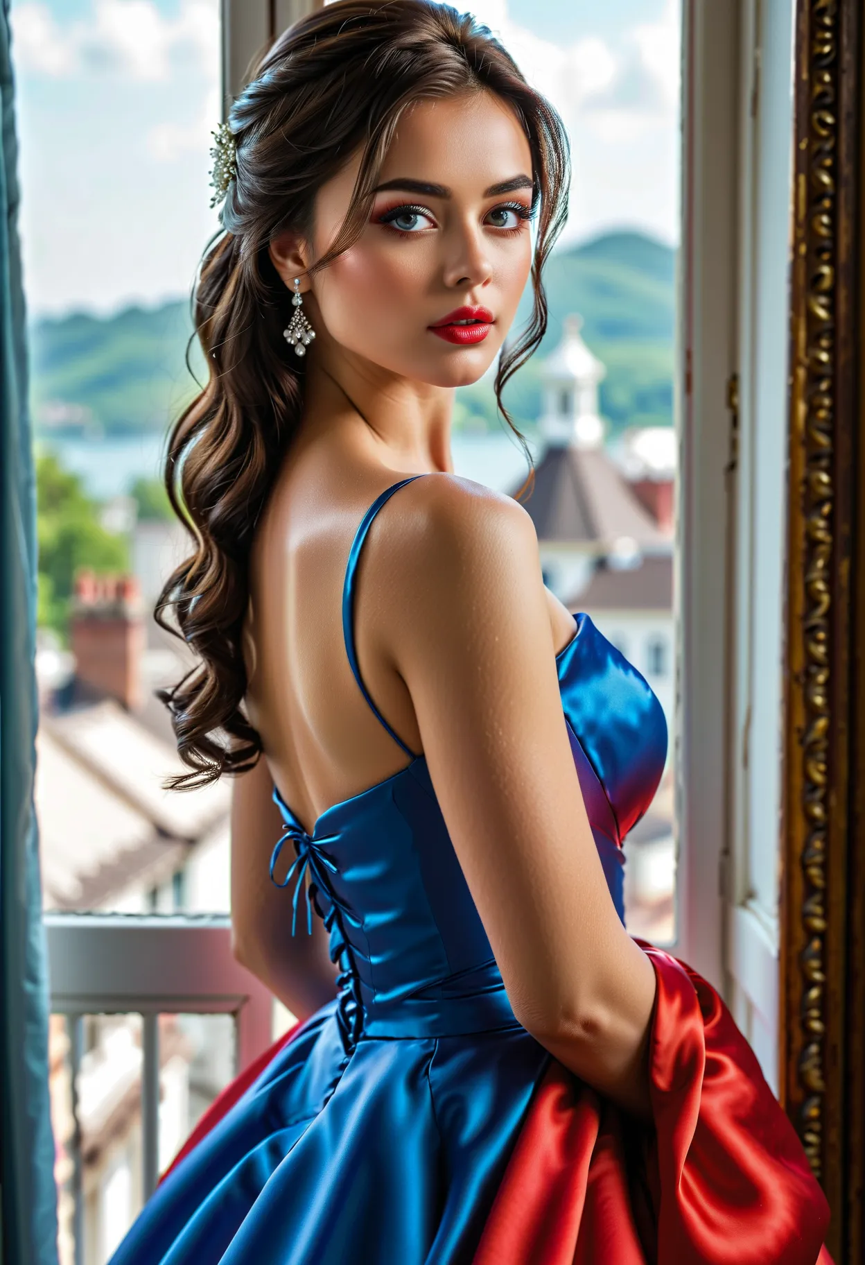 ( better quality, 4K, 8k, high resolution, Artwork: 1.2), (super detailed, realistic, Fotorrealistic:1.37)A captivating young woman ,  wears an eye-catching blue and red satin wedding dress. stands in front of a window with an aura of toughness and determi...