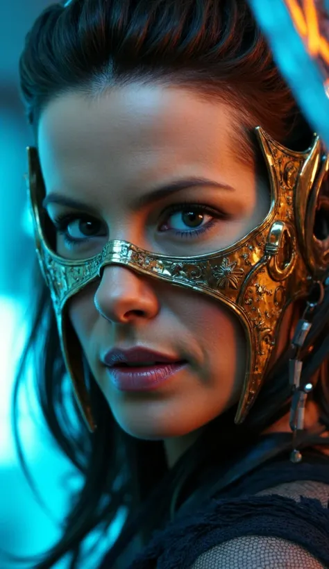  Here is a detailed prompt to generate an image  ** super realistic** by Kate Beckinsale, focused **only on the face**, with a metallic blue mask and shiny gold details, and an impactful background:  

---  
**"Close-up hiper-realista do rosto by Kate Beck...