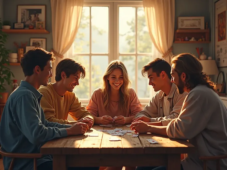 group of friends sitting by the window playing cards 