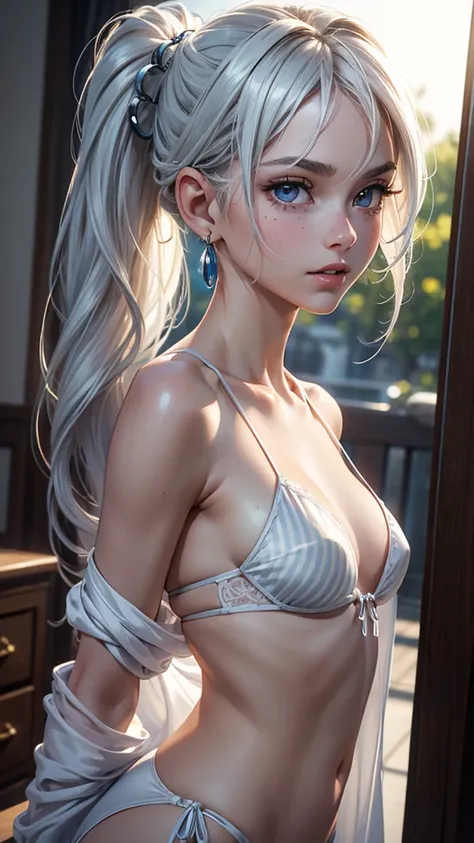 (best quality, masterpiece:1.2), ultra high res, realistic, front lighting, intricate detail, Exquisite details and textures, 1girl, solo ,(young), face highlight, upper body, detailed face, tear mole, white skin, silver hair, ponytail, braid hair, looking...