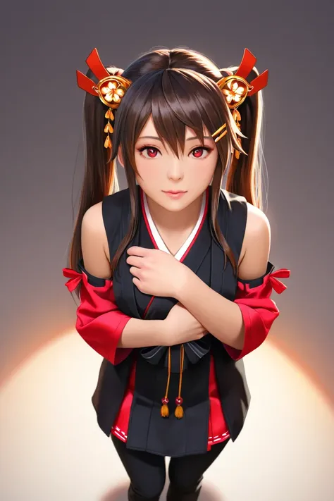 (HYPER EXTREME detailed),(masterpiece),(HYPER EXTREME),(photorealistic),CG,({{color:1.2),  beautiful lighting arranged in an orderly manner,  FRONT LIGHT  ,rating:safe,Alone, Haruna,Four Corners,brown_hair,twin tails from above,length_hair,red eyes,hair_or...