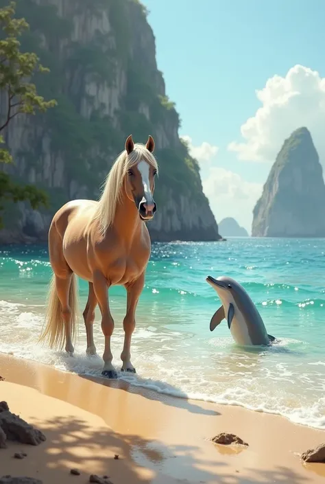 Horse and dolphin on beach, separate picture
