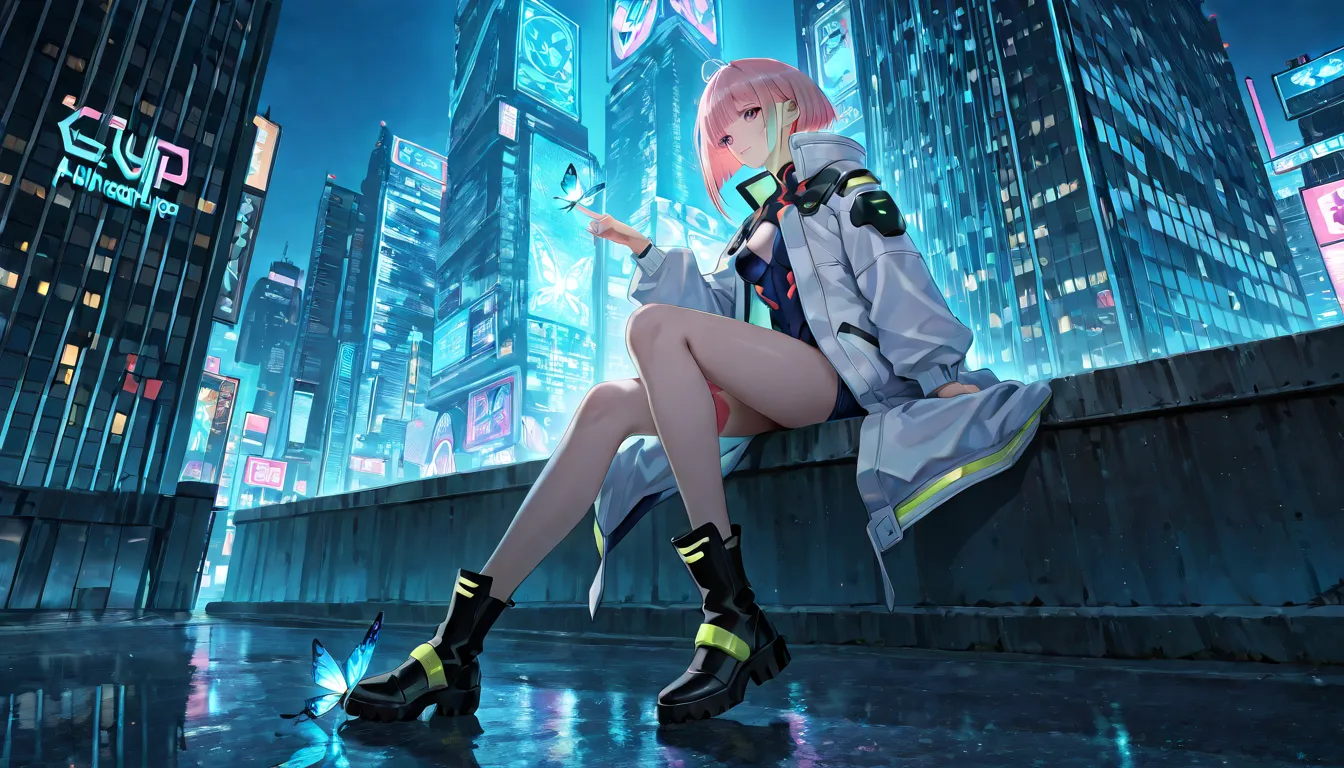 A futuristic urban scene featuring a character with long, pink hair sitting on the edge of a tall metal structure. The character wears a voluminous coat with blue and green accents, and black boots. In the background, a city lit up with skyscrapers and neo...