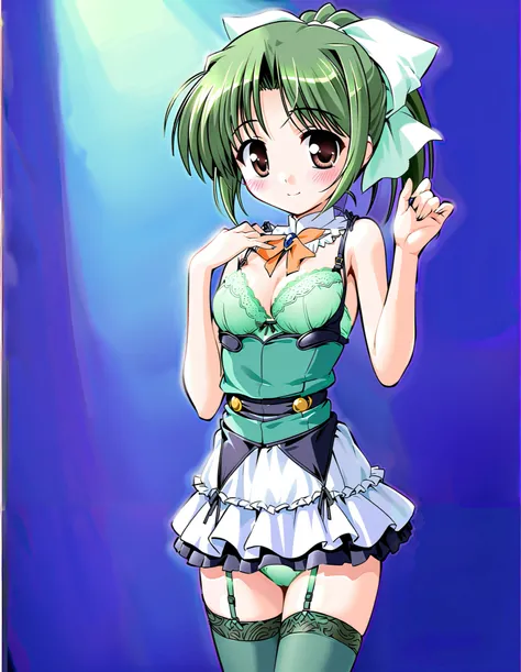 tooyama midori, Alone, (cowboy shot), green hair, brown eyes, ponytail, hair ribbon, short hair, small breasts, cleavage, lingerie, green bra, green panties, garter belt, green thighhighs, (shy:1.1), (blush), (smile), (I'm fascinated:1.1), score_9, score_8...