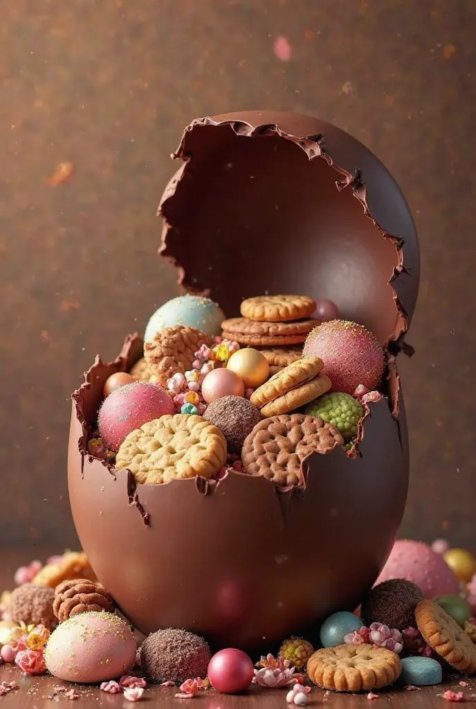 Open chocolate egg, cut, with the top separated with lots of candies, Cookies and cookies and candies and flowers. All in shades of brown