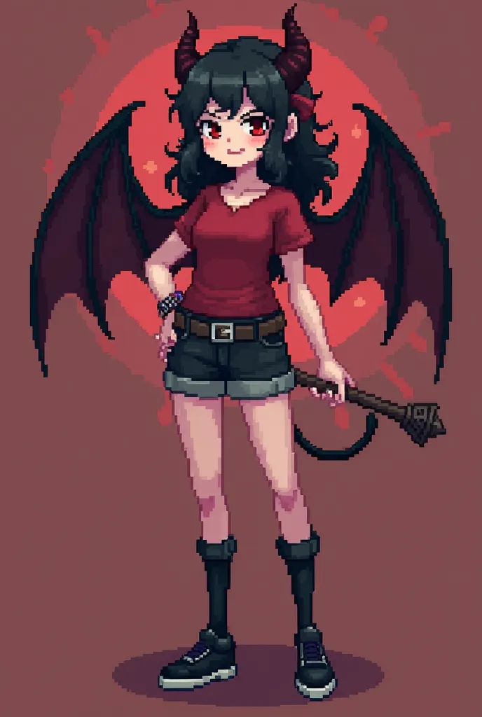 a cartoon image of a woman with a bat and a red shirt, 2 d sprite, full body adoptable, #pixelart:3, full body sprite, demon girl, sprite 2 d, /r/pixelart, pixel art sprite, full body!, full body picture, monstergirl, full body devil woman, varguyart style...