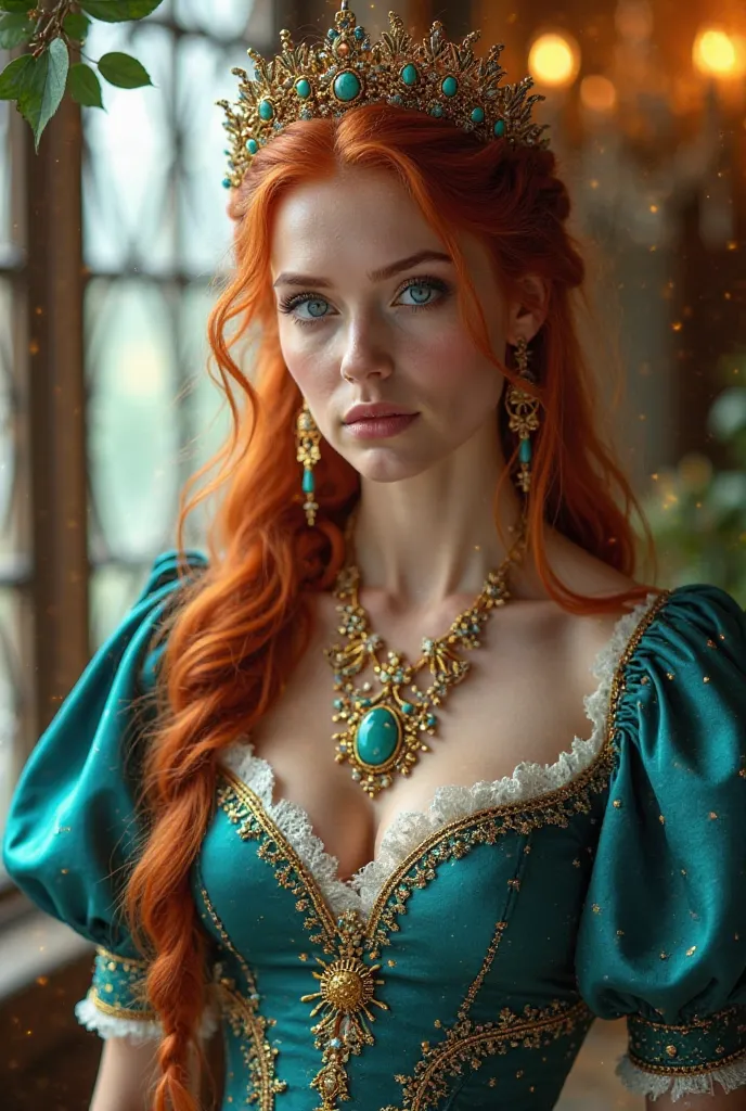  a stunning woman with an aura of nobility and fantasy. Her long, wavy red hair is elegantly braided, adorned with a richly detailed golden tiara, encrusted with turquoise stones and delicate filigree. His gaze is intense and penetrating, with vibrant blue...