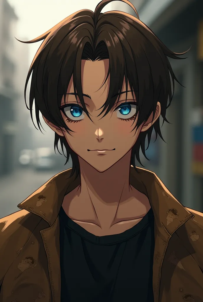 anime style, a serious and tired MAN around 20 yo, long brown hair but blonde bangs, royal blue eyes, wearing a black shirt and a brown coat 