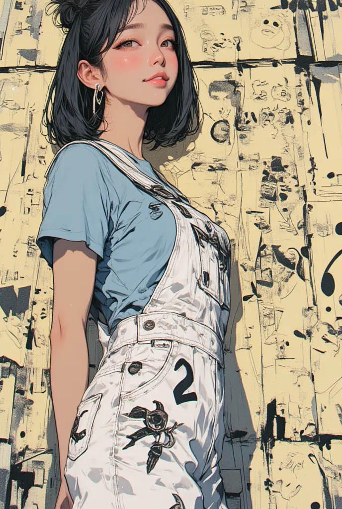 A young Asian woman, positioned slightly off-center to the right of the image, is shown against a wall covered in various drawings and graffiti. She is looking directly at the viewer.  She has shoulder-length black hair styled in a bun. She is wearing a li...