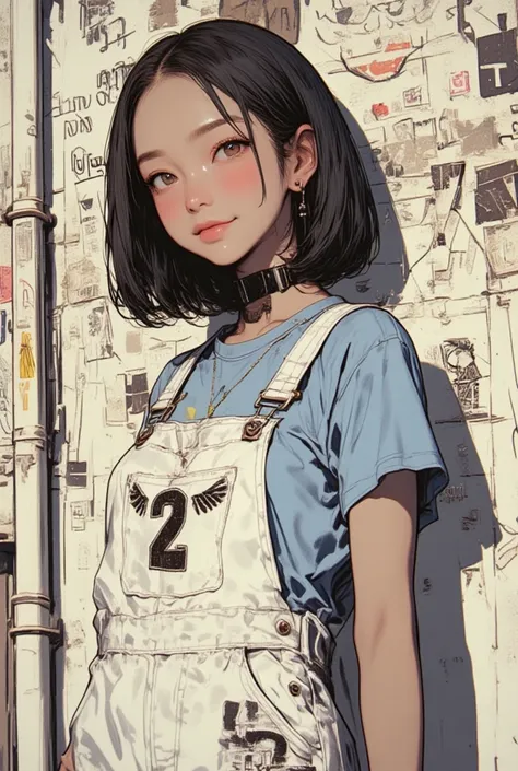 A young Asian woman, positioned slightly off-center to the right of the image, is shown against a wall covered in various drawings and graffiti. She is looking directly at the viewer.  She has shoulder-length black hair styled in a bun. She is wearing a li...