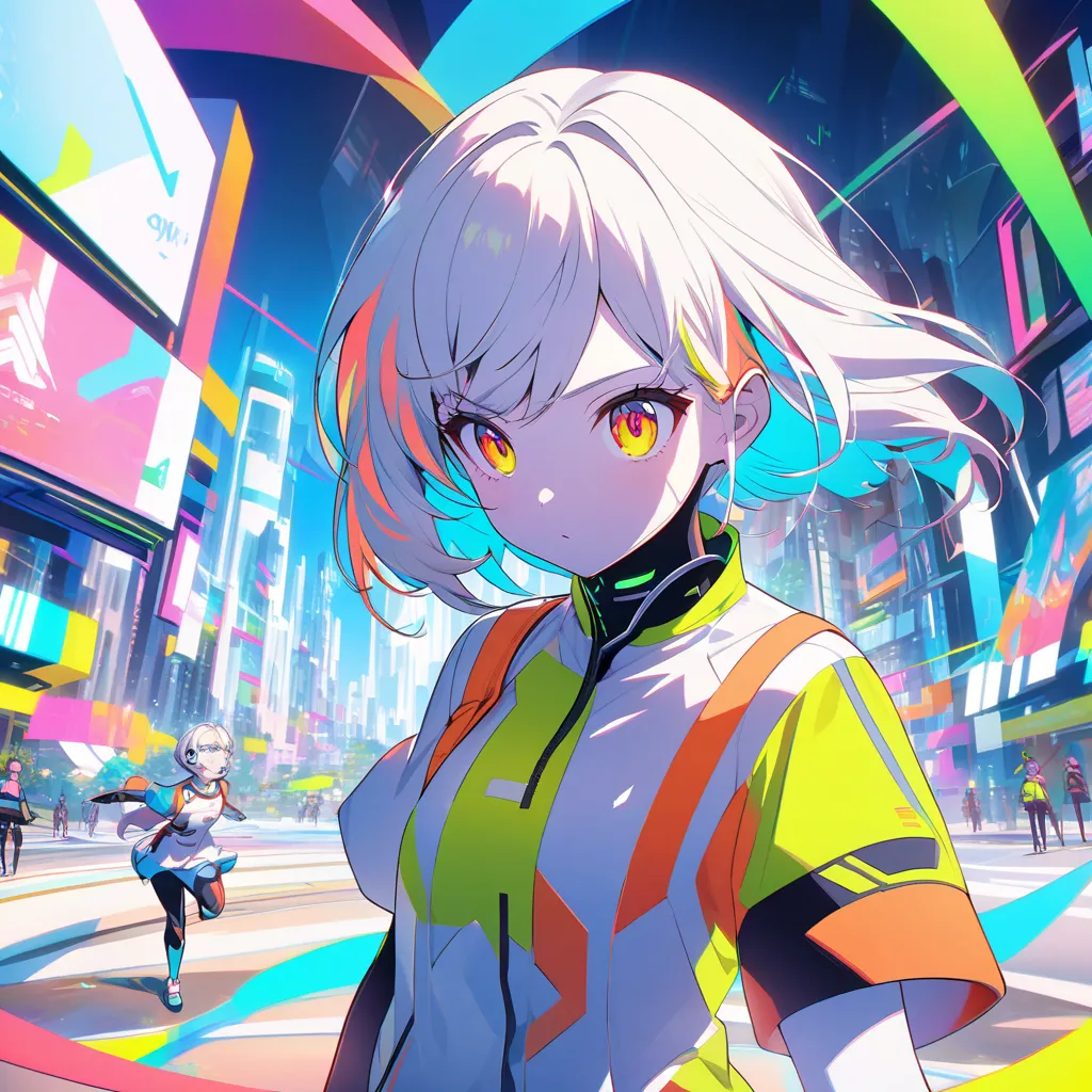 An energetic anime-style portrait of a gentle android girl in sporty attire, bright color palette, dynamic movement in a futuristic city park, accompanied by a cute floating AI companion.”