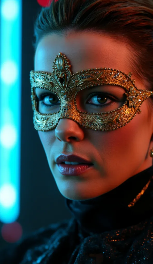  Here is a detailed prompt to generate an image  ** super realistic** by Kate Beckinsale, focused **only on the face**, with a metallic blue mask and shiny gold details, and an impactful background:  

---  
**"Close-up hiper-realista do rosto by Kate Beck...