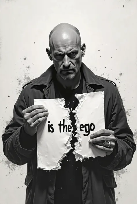 Create an image of a man ripping a paper and on the paper is written is the EGO