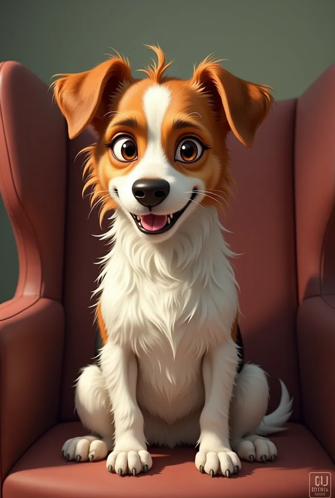 Cartoon Jack Russell,shaggy, hard-haired with a white spot on the head,like a fan, realistic, with indifference on the face, sits on a chair, smiles with a clenched jaw