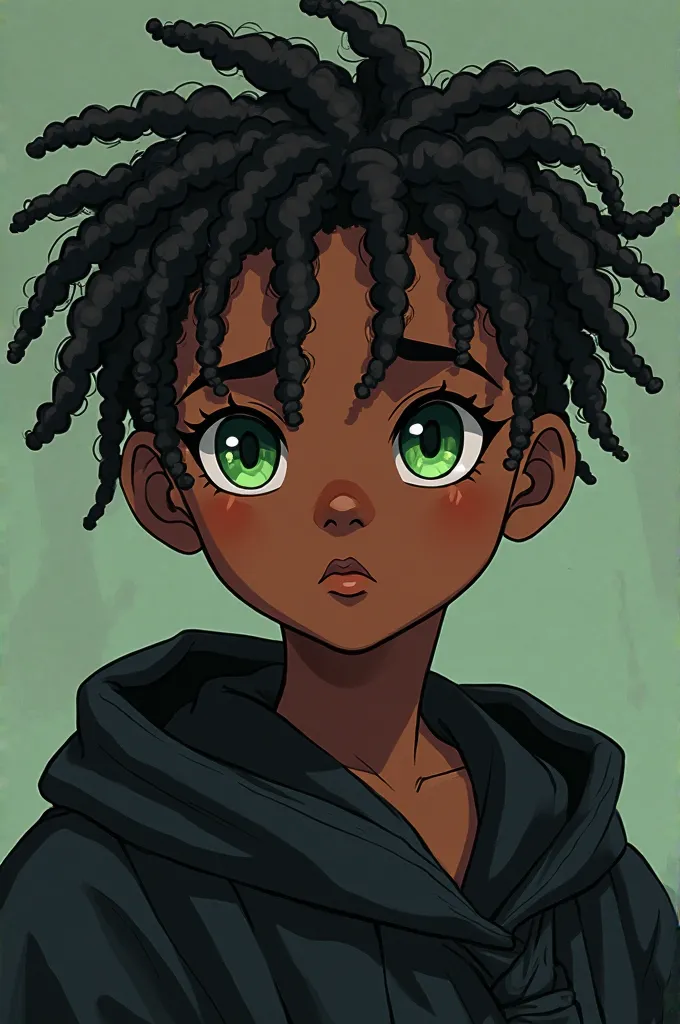 A green-eyed black boy with dreads in his hair and a black robe,  in anime style  