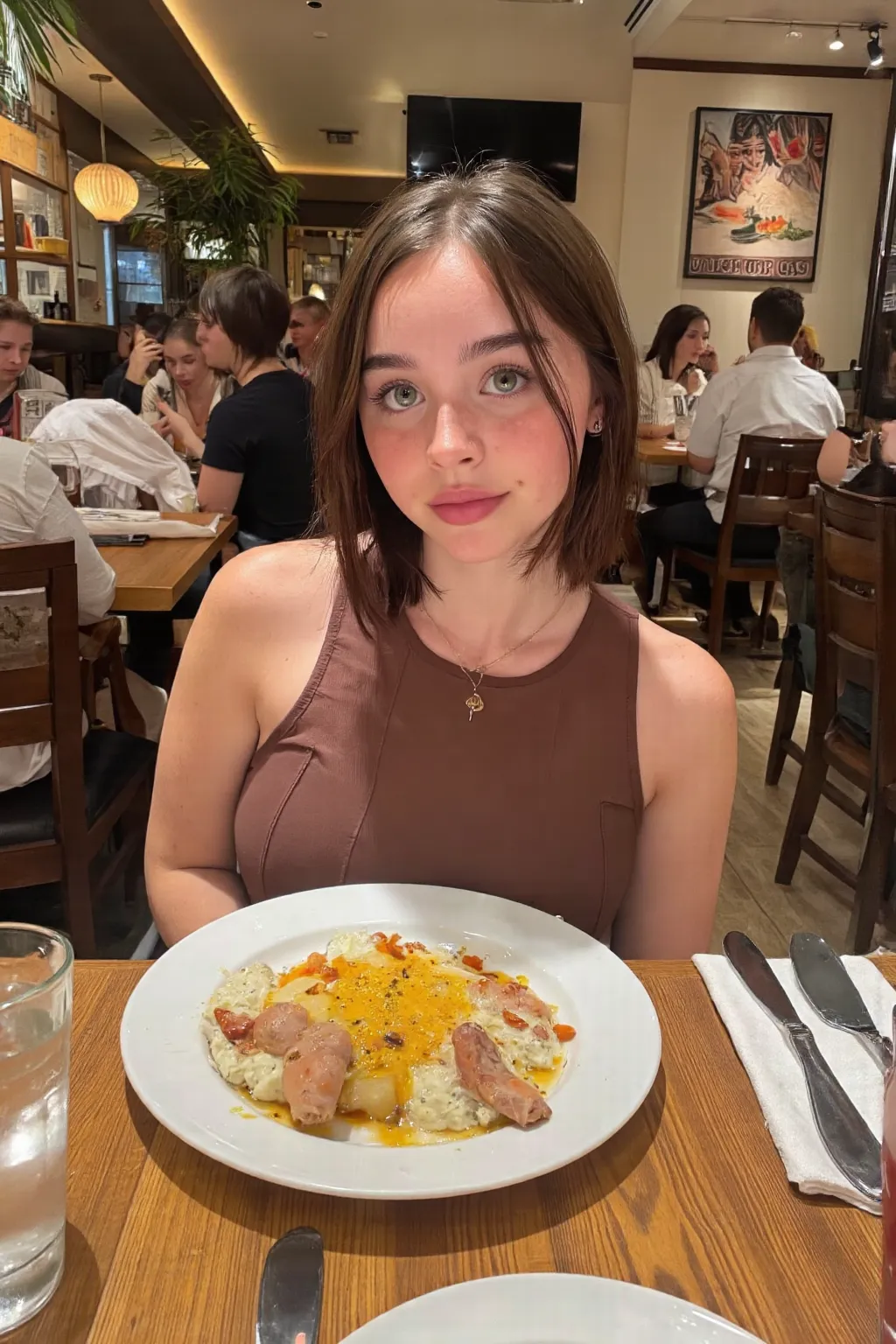 Ultra-realistic extremely high definition 8K RAW analog epic portrait photograph, young short haired sexy girl, green eyes, taking amateur photo in restaurant, sitting on fashion restaurant, people around, looking on camera, taken in 2 0 2 4, Retrato Sophi...