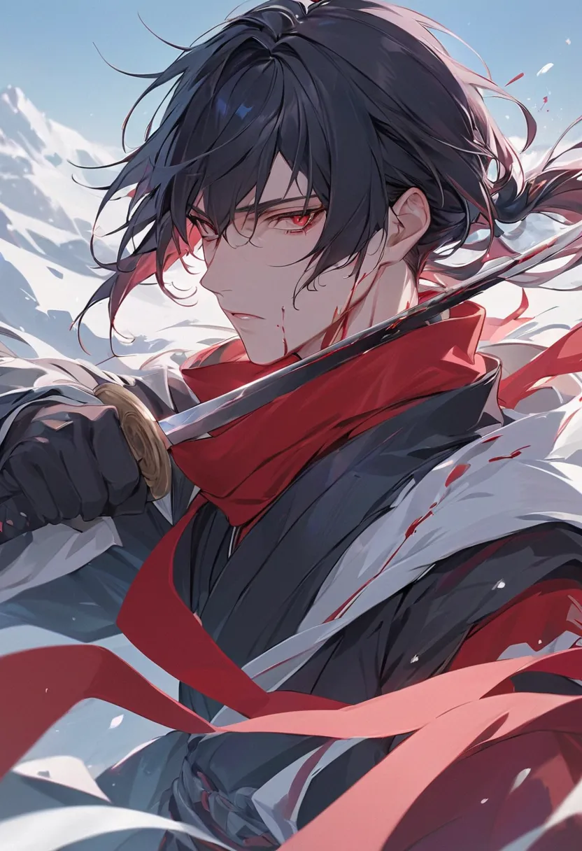 "A hyper-detailed, ultra-high-definition anime-style illustration of a male character in a dramatic close-up shot, with a strong emphasis on his face and eyes. His long black hair is tied in a low ponytail with a red ribbon, with silky strands flowing natu...