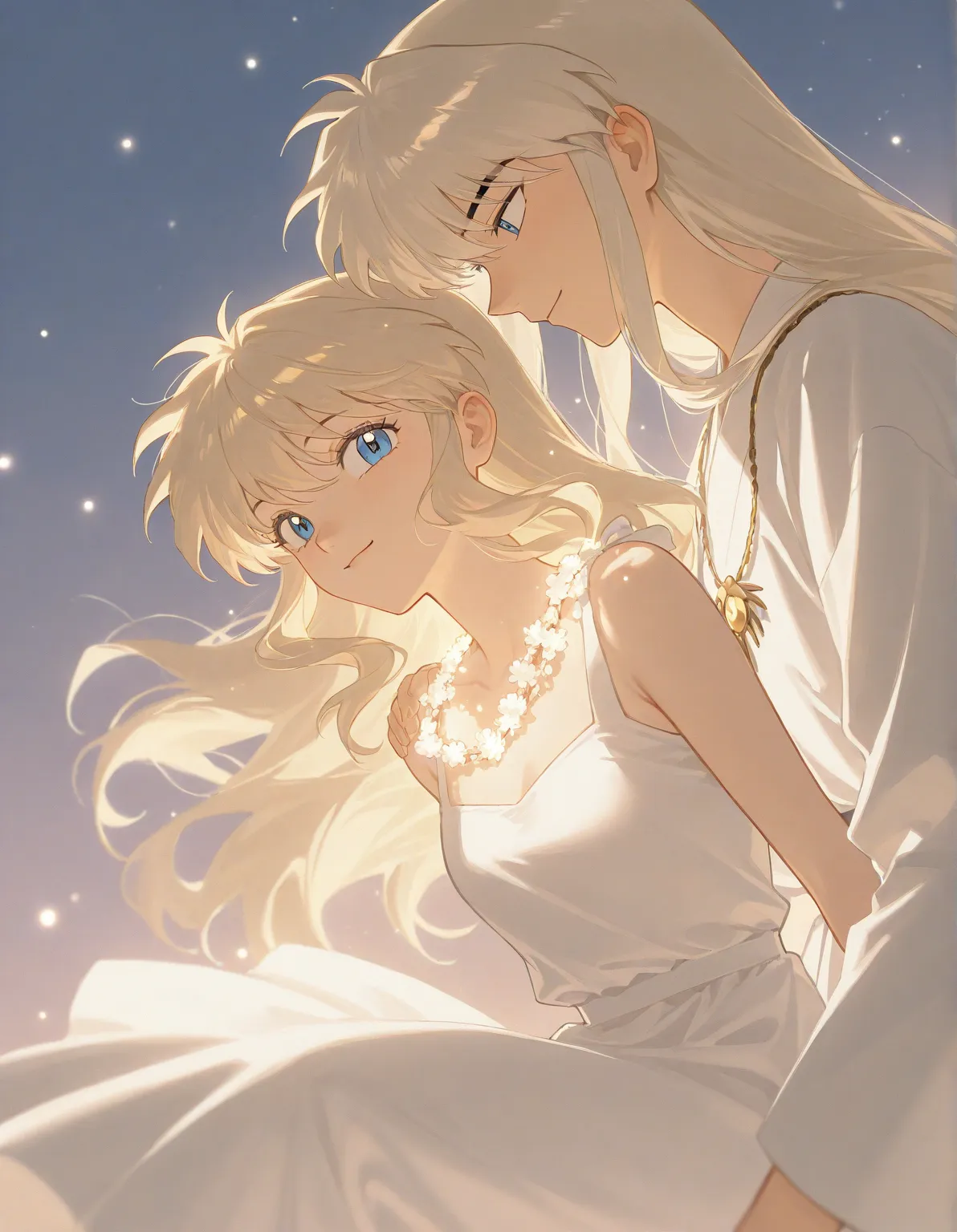 A girl that is an student. She has long wavy light blonde hair with shiny light blue eyes with a beautiful white dress. Smiling. Inuyasha manga art style. 