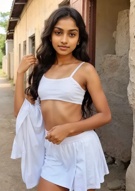 1 girl, 1 pervy middle aged man, frontal shot, short girl, tall man, man is groping woman's from behind her, 13_year_old_girl, girl has uncomfortable expression, petite sri lankan girl in tube top and very short tight micro skirt ready to go to a night clu...