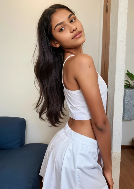 1 girl, 1 pervy middle aged man, frontal shot, short girl, tall man, man is groping woman's from behind her, 13_year_old_girl, girl has uncomfortable expression, petite sri lankan girl in tube top and very short tight micro skirt ready to go to a night clu...