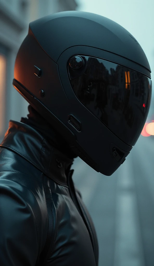 "A dramatic, close-up -profile of a mysterious motorcycle rider, clad in a sleek, futuristic full-face helmet with a deep black, matte finish. The helmet’s aerodynamic curves and sharp edges reflect subtle highlights, emphasizing its high-tech design. The ...