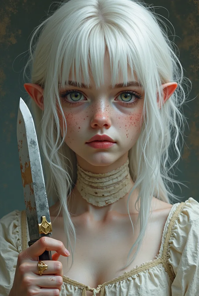 
Creates a realistic-style image of a young woman about 20 years old. With white and disheveled hair, Has bangs, and its hair is medium length.  Her eyelashes , also white. Her skin is pale with freckles and various bandages on her cheeks. The eyes are lig...