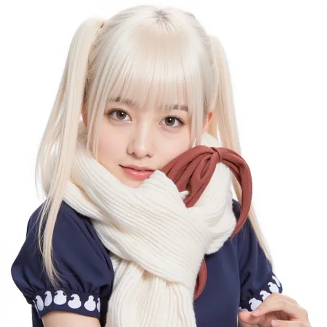 Silky smooth hair、Three hair colors: white blond hair, black hair, and red hair、Flush the bangs、 hairstyle is straight、Long hair up to chest、brown skin、uniform、muffler、ponytail、Miniskirt to knee-high socks