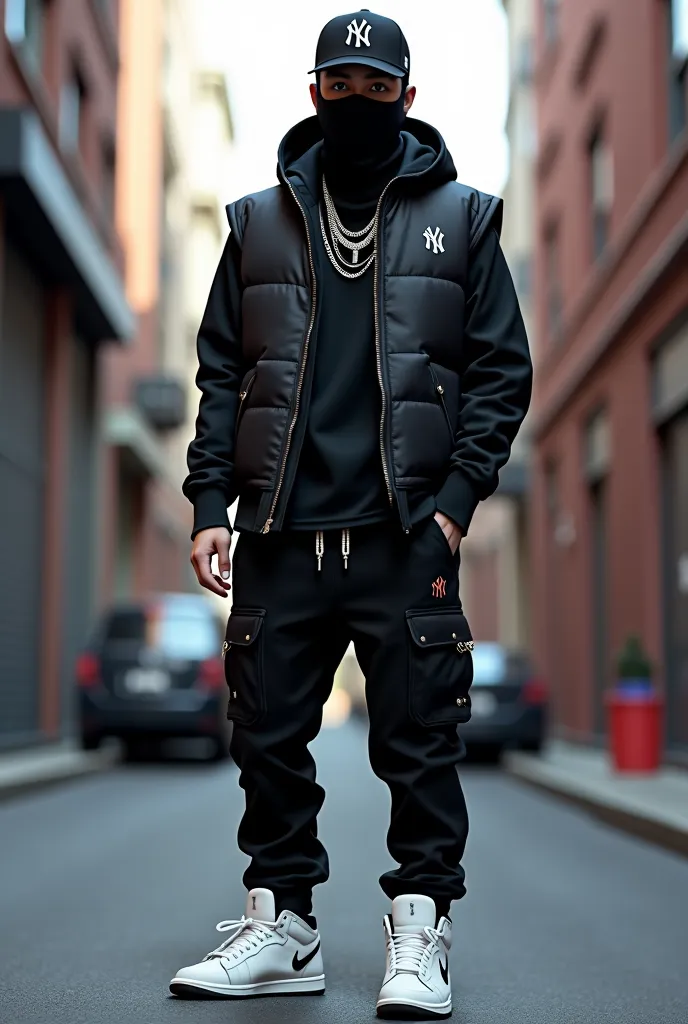 black jacket vest with a black hoodie with some black pants and some chains with a pair of white air. Jordan's, with a ski mask and a yankees cap