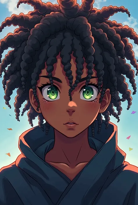 A 16-year-old black boy , green eyes with dreads in their hair and a black robe,  in anime style 